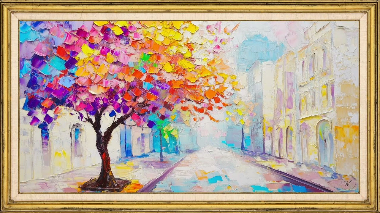 Colorful Abstract Tree Street – 2 h TV Frame Art Screensaver | Relaxing Digital Painting Living Room