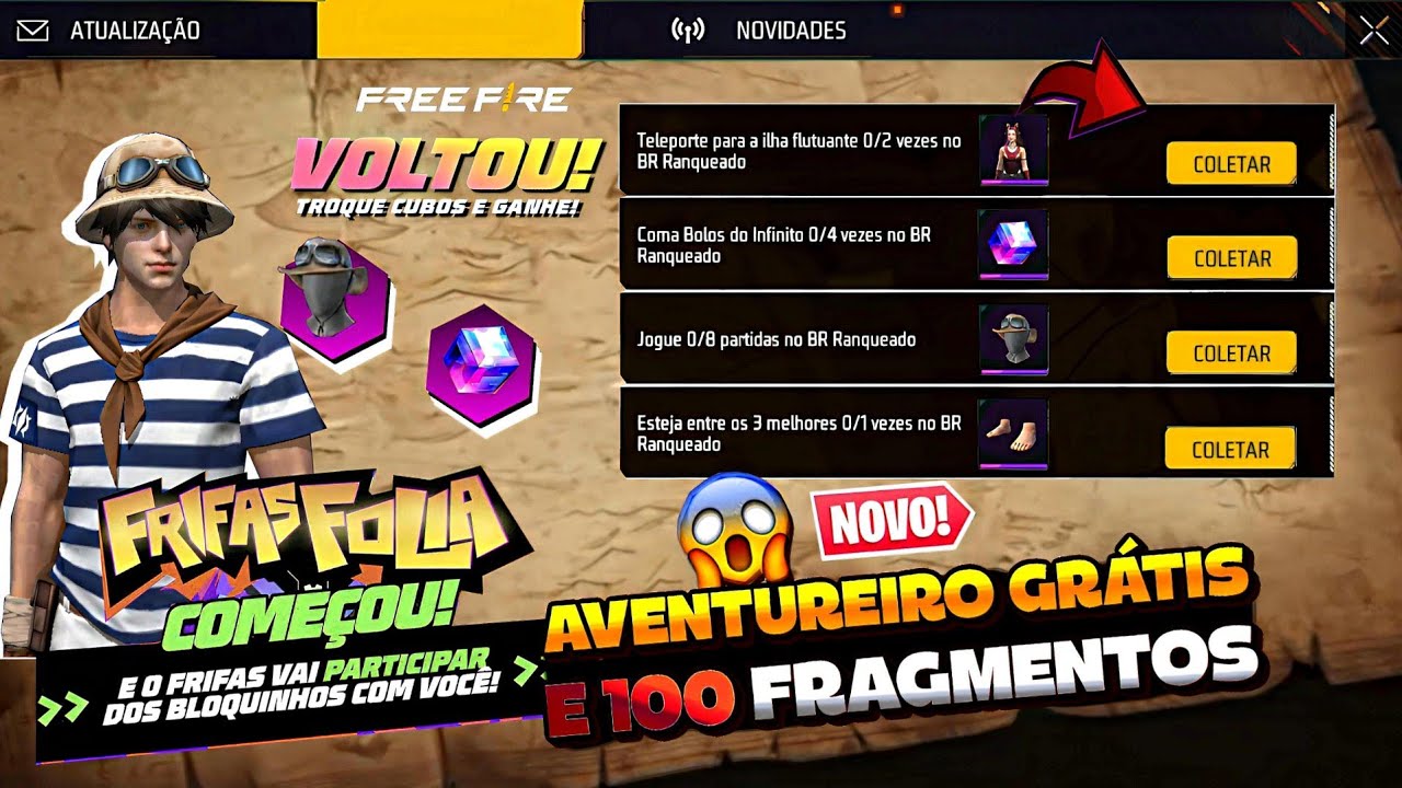 AGORA SIM!! CHAPÉU DO AVENTUREIRO 2.0 GRÁTIS, COLETE O CUBO MÁGICO, OPÇÃO 120 FPS E MAIS - FREE FIRE