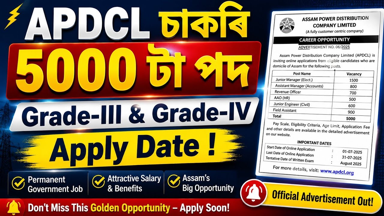 বিদ্যুৎ বিভাগৰ চাকৰি - Apdcl new vacancy 2026 | Apdcl new recruitment 2026 | Jobs in Assam |