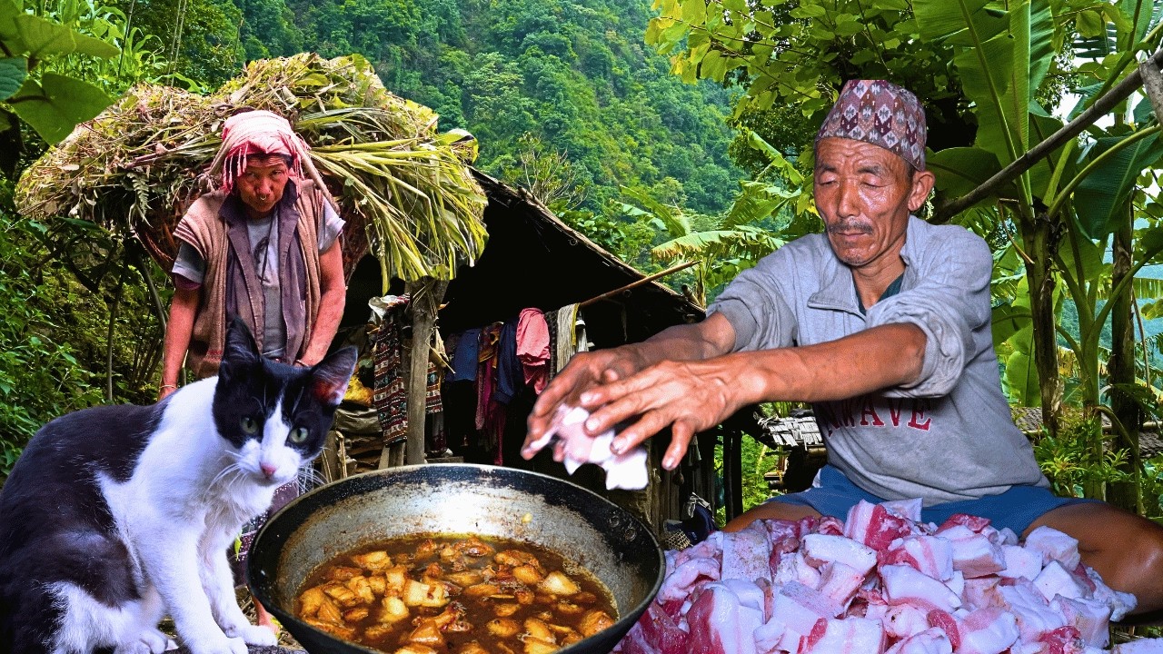 Real Village Life in Nepal |  delicious  pork curry cooking & eating