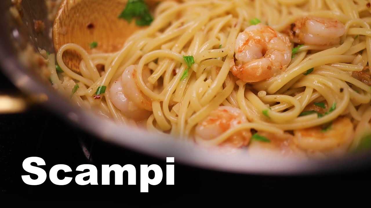 Shrimp scampi with celery leaves