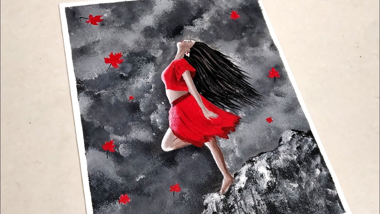 Black & White Painting/Red Dress Girl Painting/Easy Nature night view with a Girl Painting/Autumn