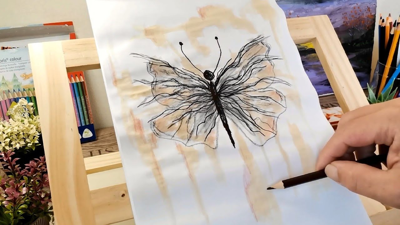 Butterfly Abstract Art / Drawing with Charcoal, Marker, Coffee, Watercolor Pencils and Brush