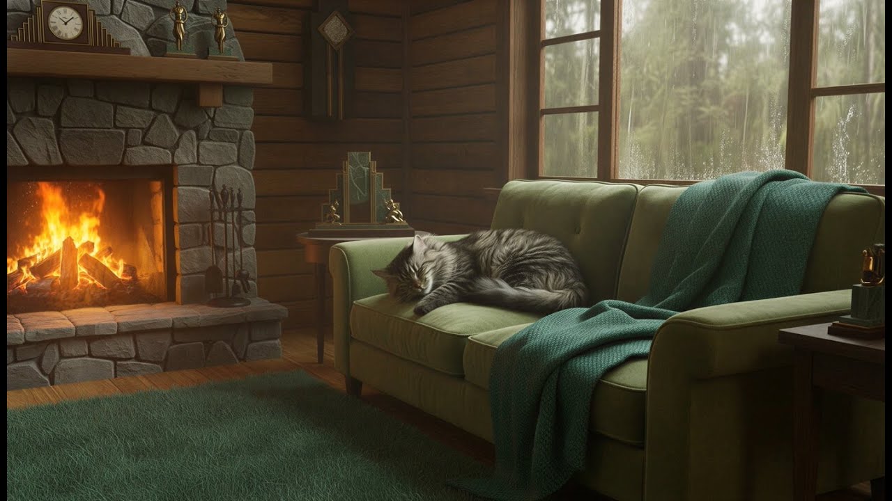 Relaxing ASMR Cabin Sounds – Purring Cat & Crackling Fire for Calm & Focus