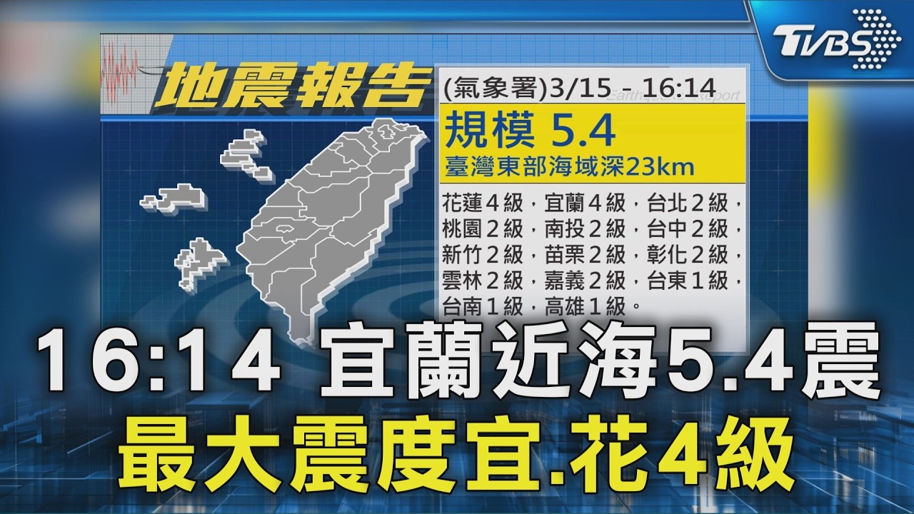宜蘭近海5.4震 最大震度宜.花4級｜TVBS新聞 @TVBSNEWS02
