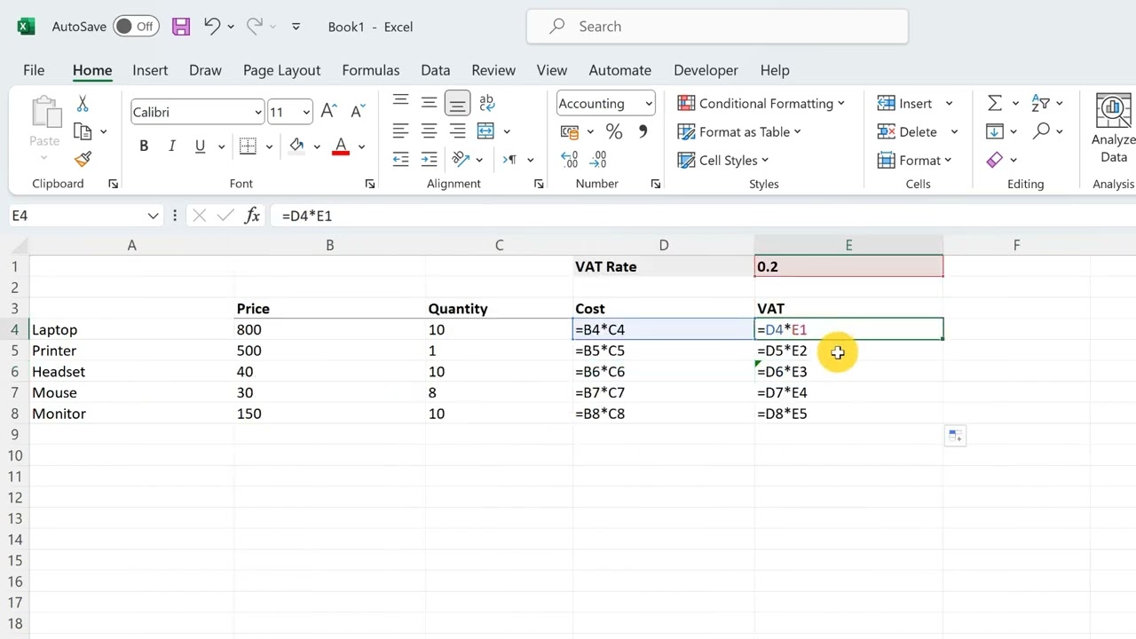Copying Formulas using Absolute Cell References