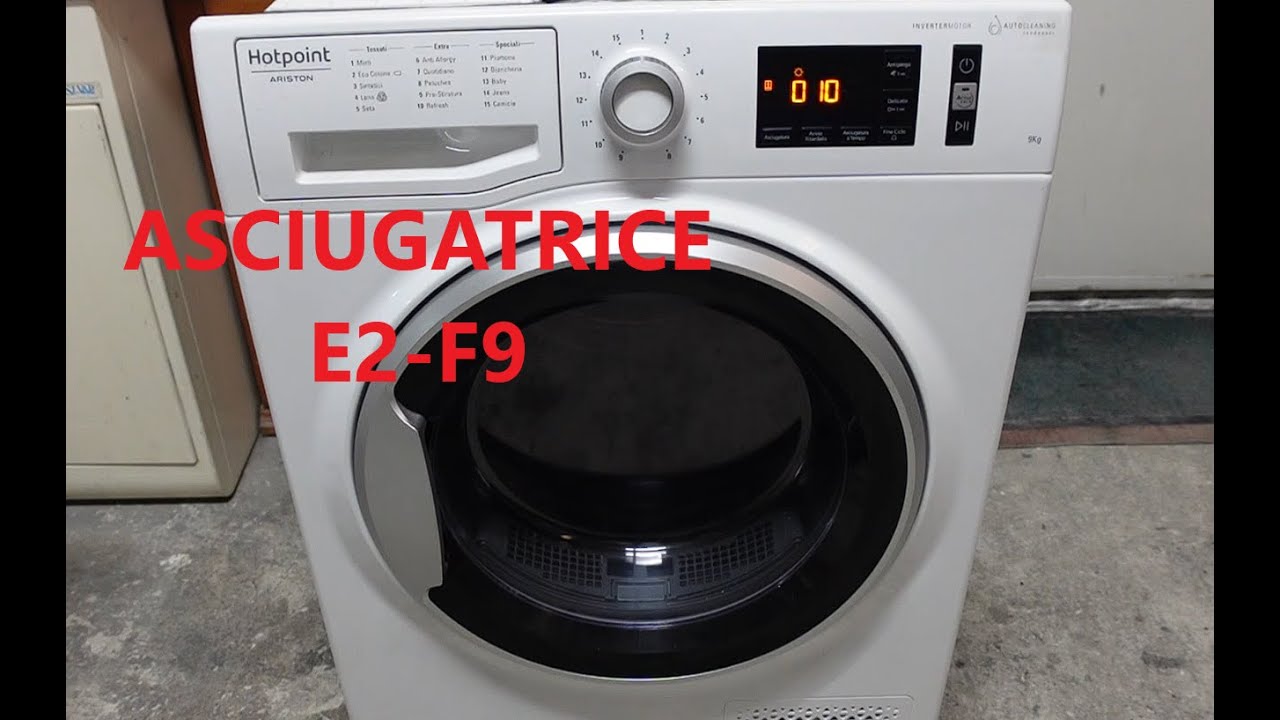 asciugatrice hotpoint, indicatore recipiente pieno, errore del sensore dell'acqua E2-F9. +recensione