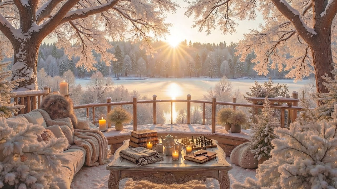 Умиротворяющая атмосфера на уютной веранде у озера ❄️🔥 Нежная фортепианная музыка, снегопад для сна