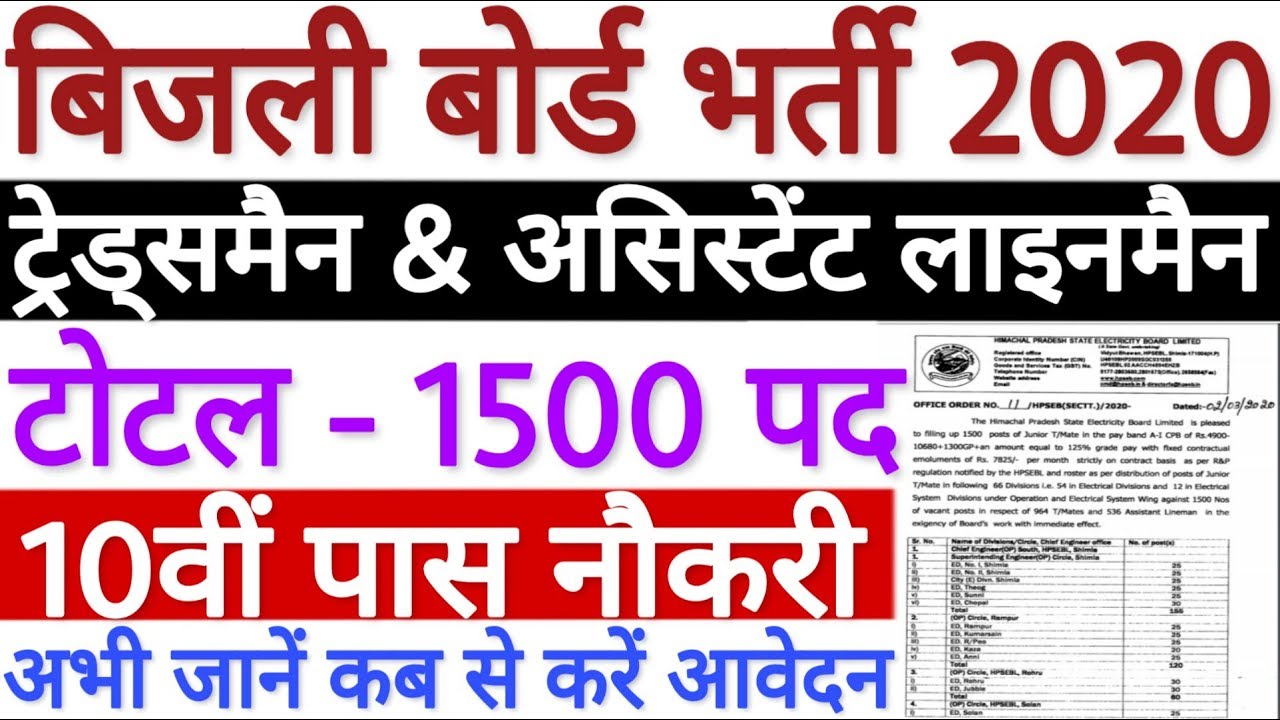 Himachal Pradesh Electricity Board Vacancy 2020 | HPSEBL Recruitment 2020 - 1500 Posts 10वीं पास