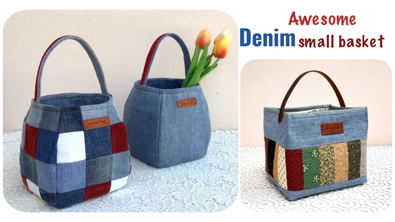 Awesome small denim basket tutorial from fabric and jeans scraps , Diy small basket tutorial.