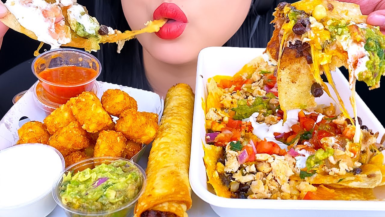 ASMR CHEESY NACHOS & FRIED BURRITO TACO TIME Eating Show | MUKBANG | ASMR Phan