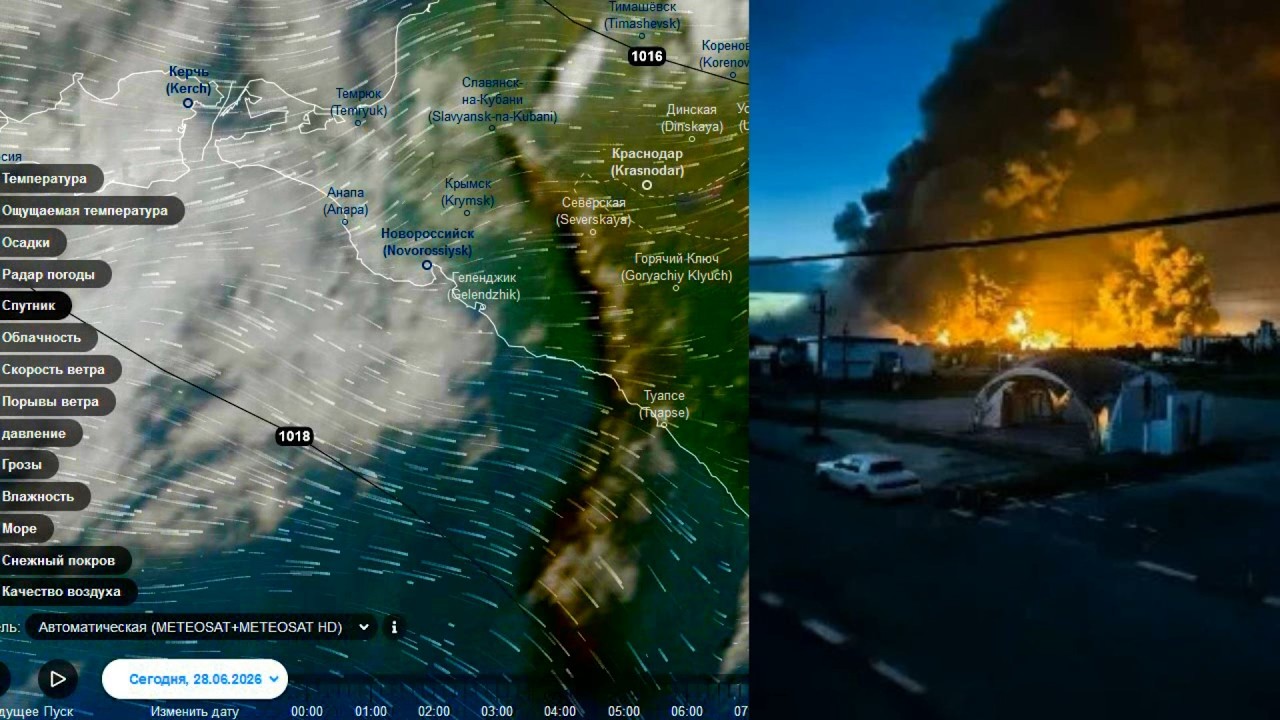 Black smoke plume from the refinery fire in Slavyansk-na-Kubani. Satellite view 06/28/2026