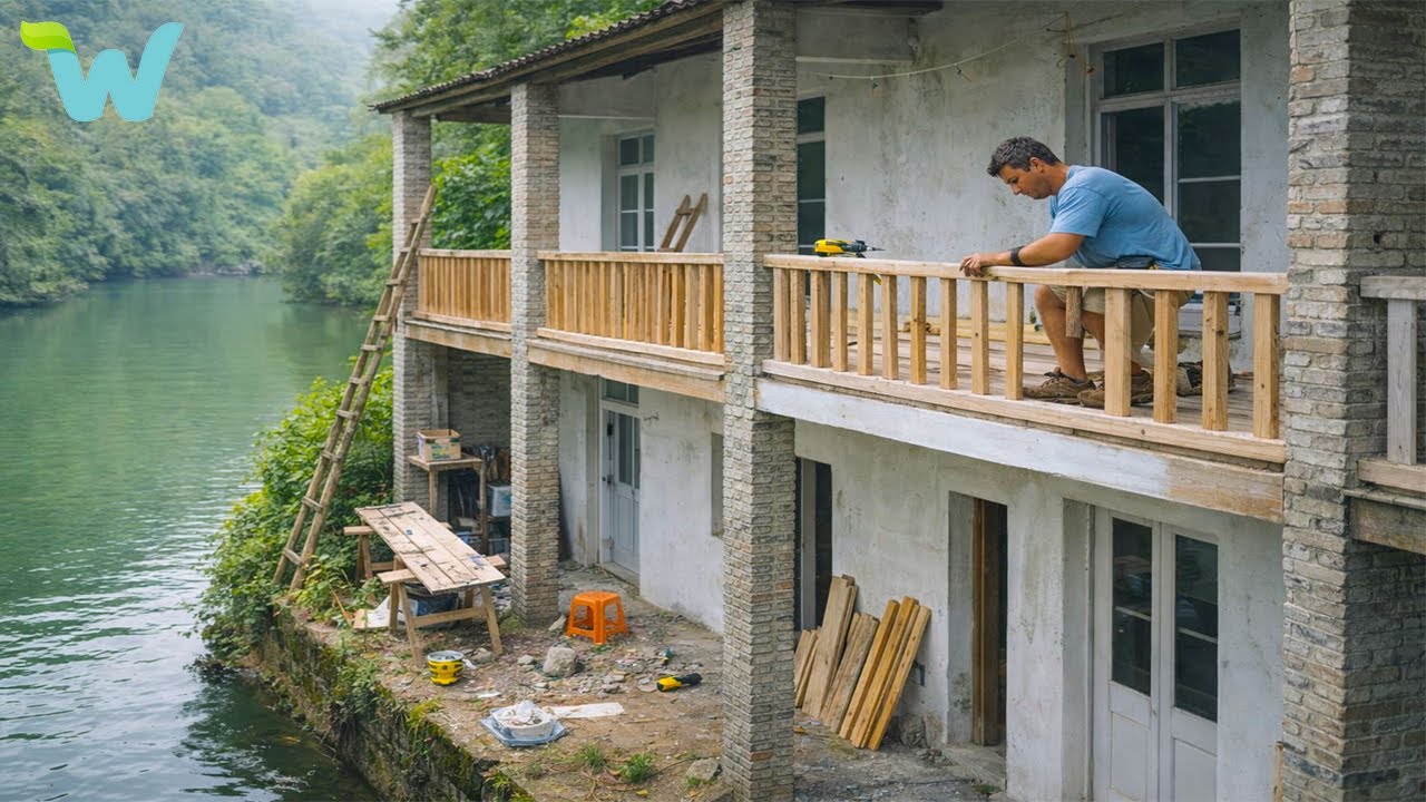 A middle-aged man renovates an old house nearby the river.