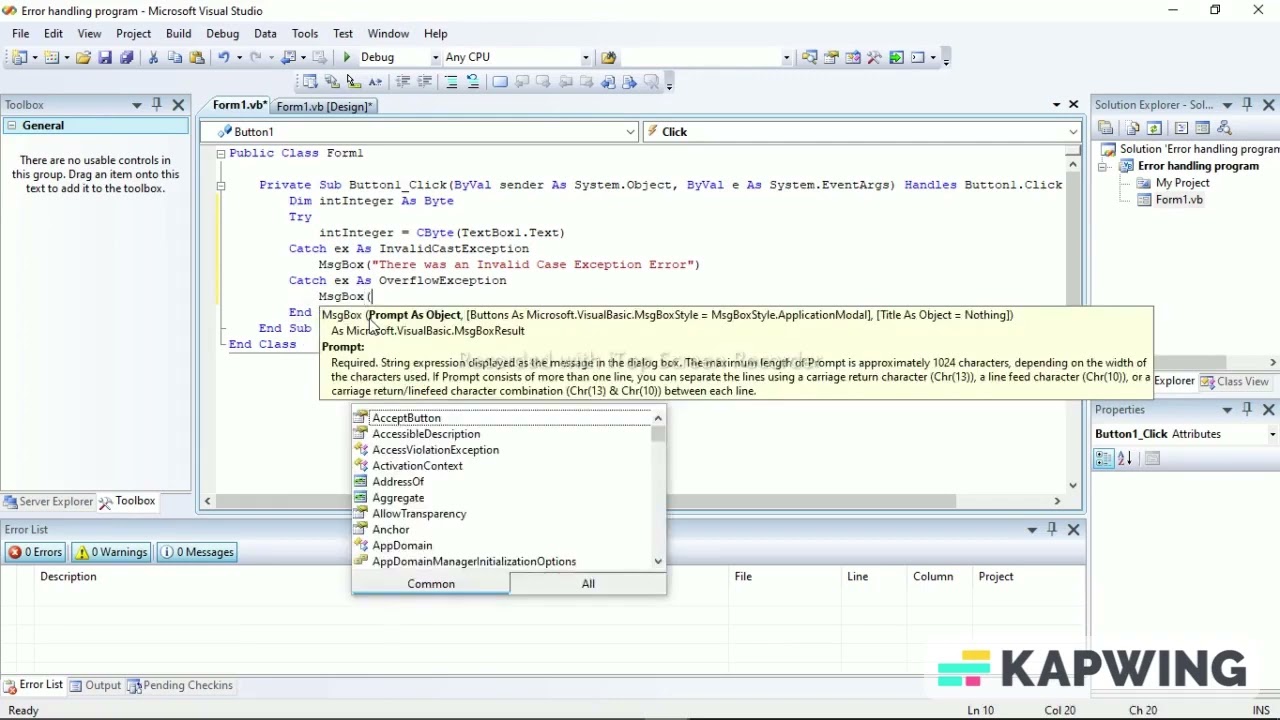 Error handling in VB.net using windows form application