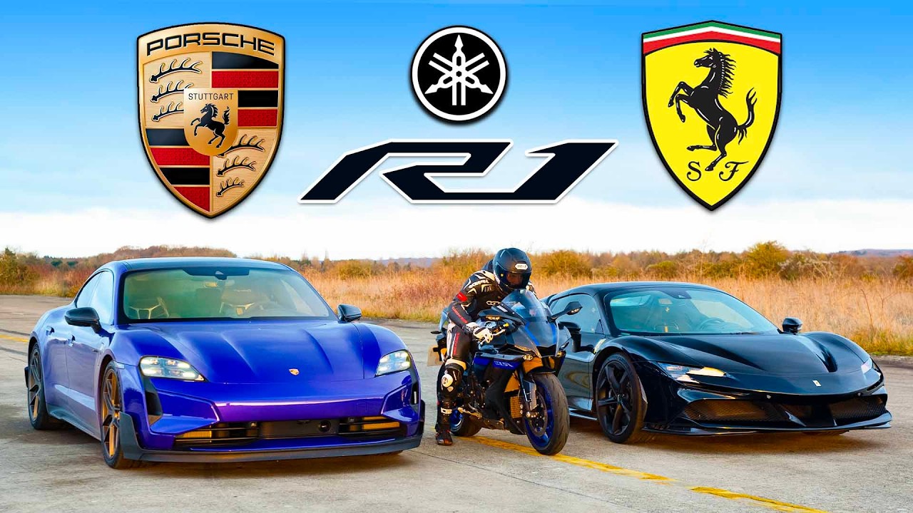 Porsche Taycan Turbo GT vs Ferrari SF90 vs Yamaha R1M: ARRANCONES