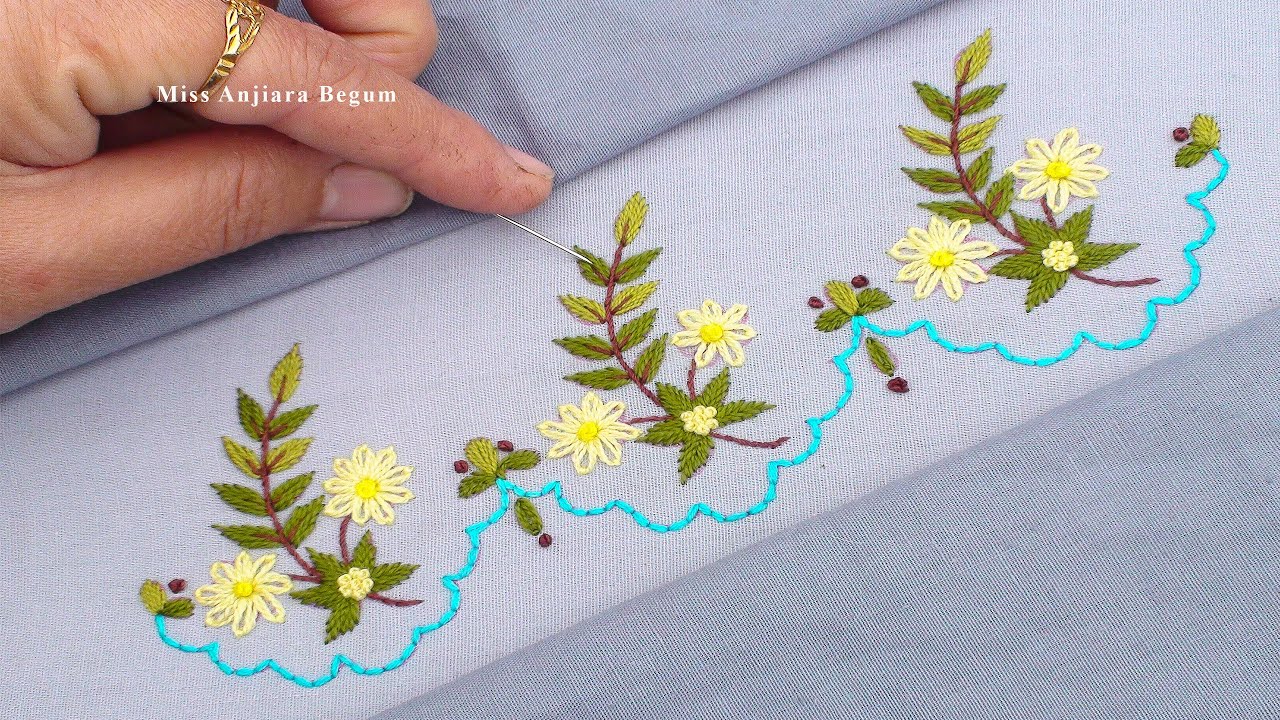 Elegant Hand Embroidery Floral Border Design | Easy Flower & Leaf Embroidery for Beginners 🌼🧵