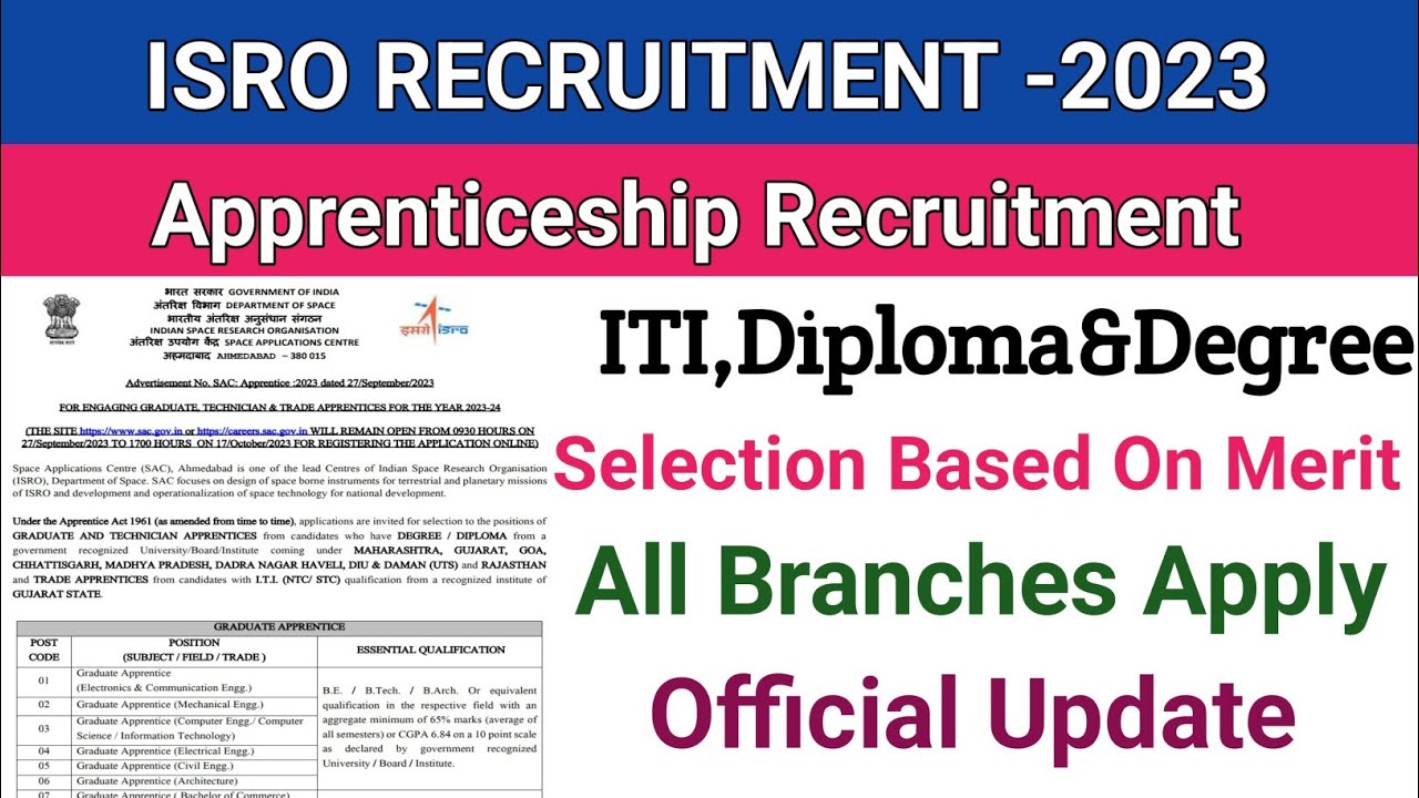 ISRO Recruitment 2023||Graduate,Technician & Trade Apprenticeship||ISRO Apprenticeship Vacancy 2023