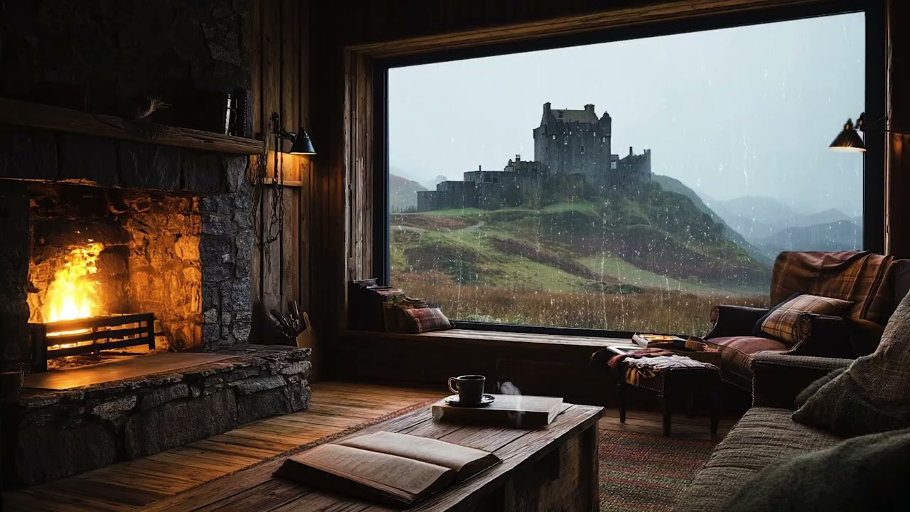 Cozy Scotland Library Rain 🌧️ Crackling Fire for Deep Sleep & Relaxation