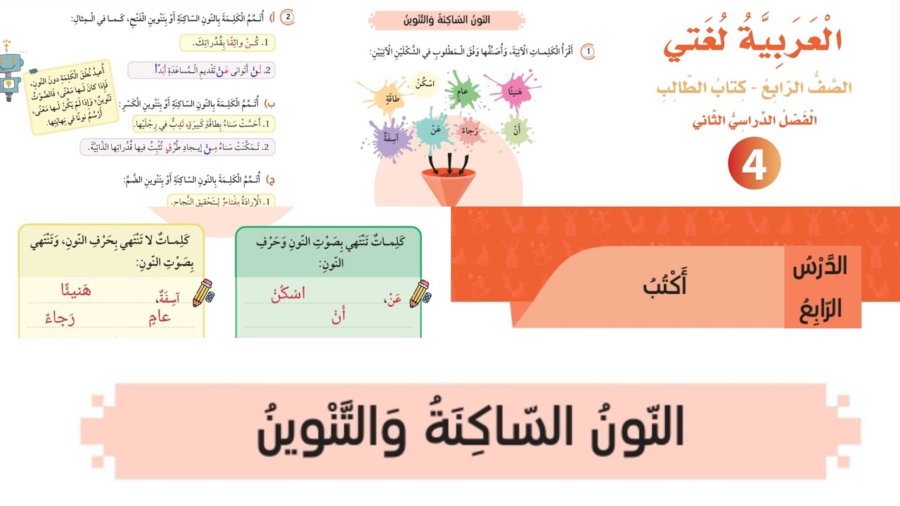 حل أسئلة النون الساكنة و التنوين شرح مبسط للدرس الصف الرابع ص 49 / 50
