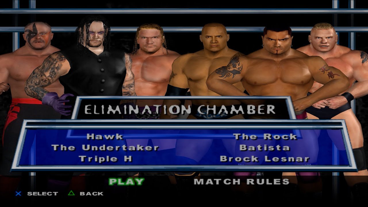 WWE SmackDown! HCTP - Hawk,TheUndertaker,TripleH,TheRock,Batista,BrockLesnar (ELIMINATION CHAMBER)