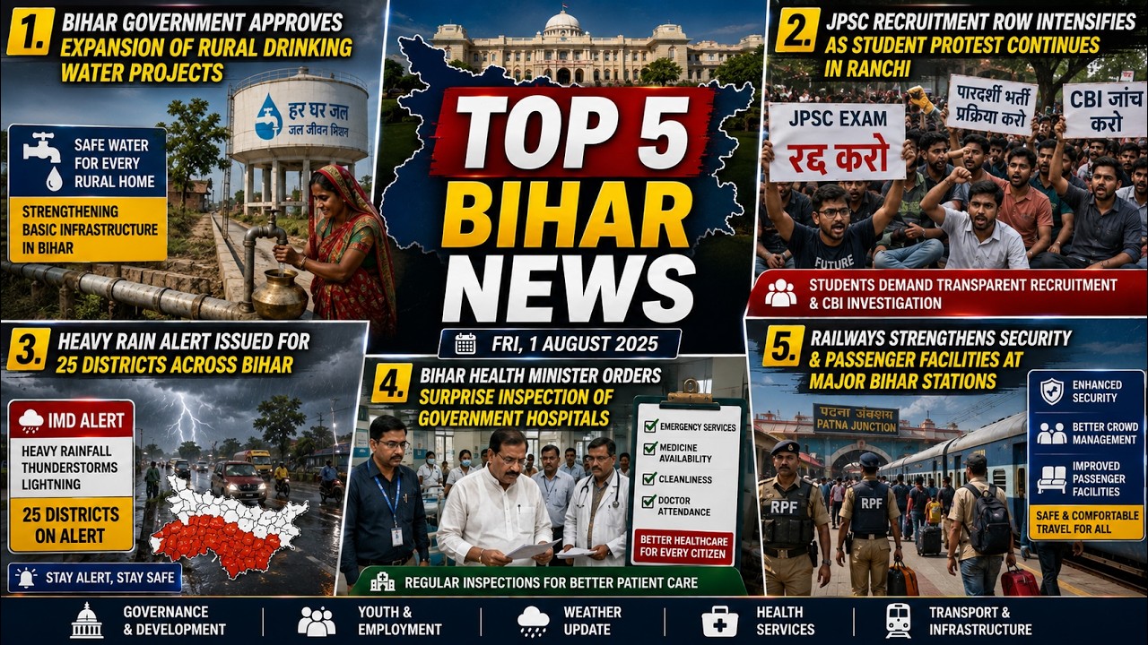 Bihar & Jharkhand Top 5 News Today | Heavy Rain Alert ⚠️ JPSC Protest | Rural Water Project