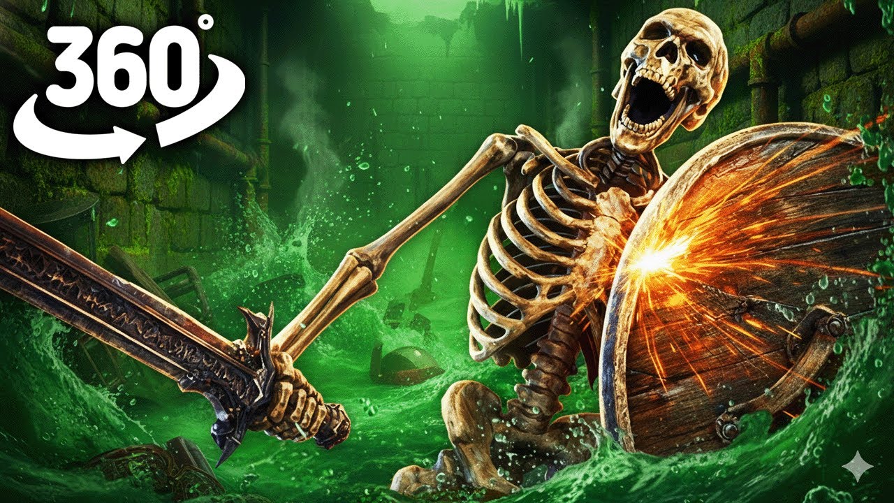 Skeleton Shield in Sewers | 360° VR Animation | SKELETON BANGING SHIELD MEME