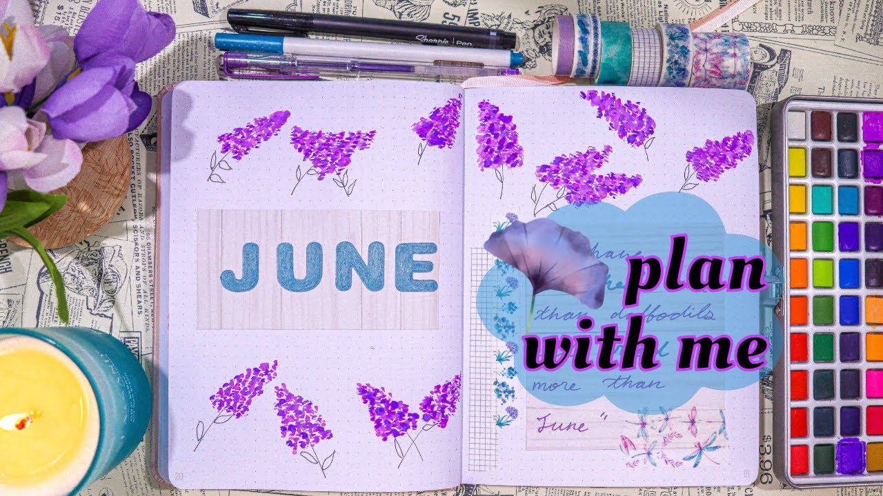 PLAN WITH ME JUNE 2021 💜💮: lilac theme in watercolor bullet journal setup