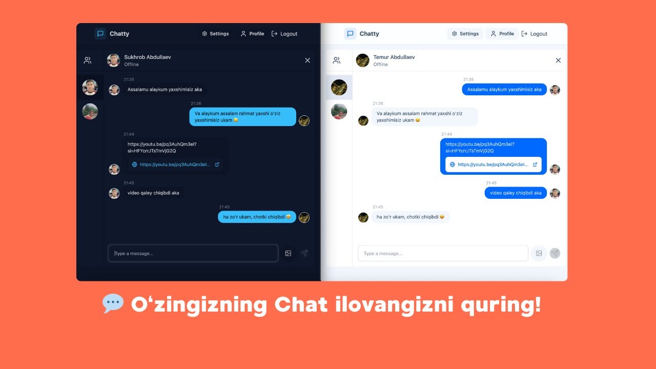 Real vaqtda ishlaydigan Chat Ilova demosi. Qanday quramiz? WebSockets, Socket.io, FullStack Loyiha.