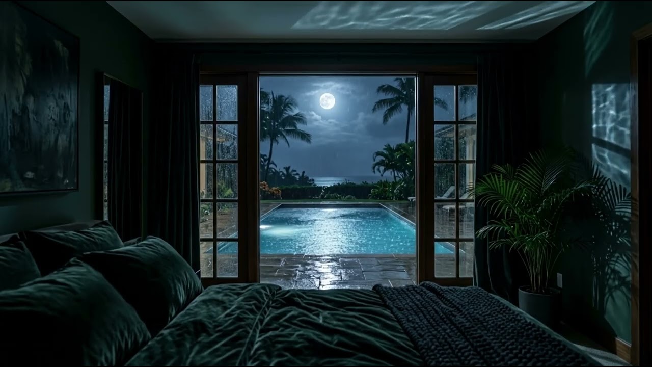 Stormy Tropical Night Luxe Bedroom | Moonlight Reflections on Water Ambience | Deep Sleep (8 Hours)