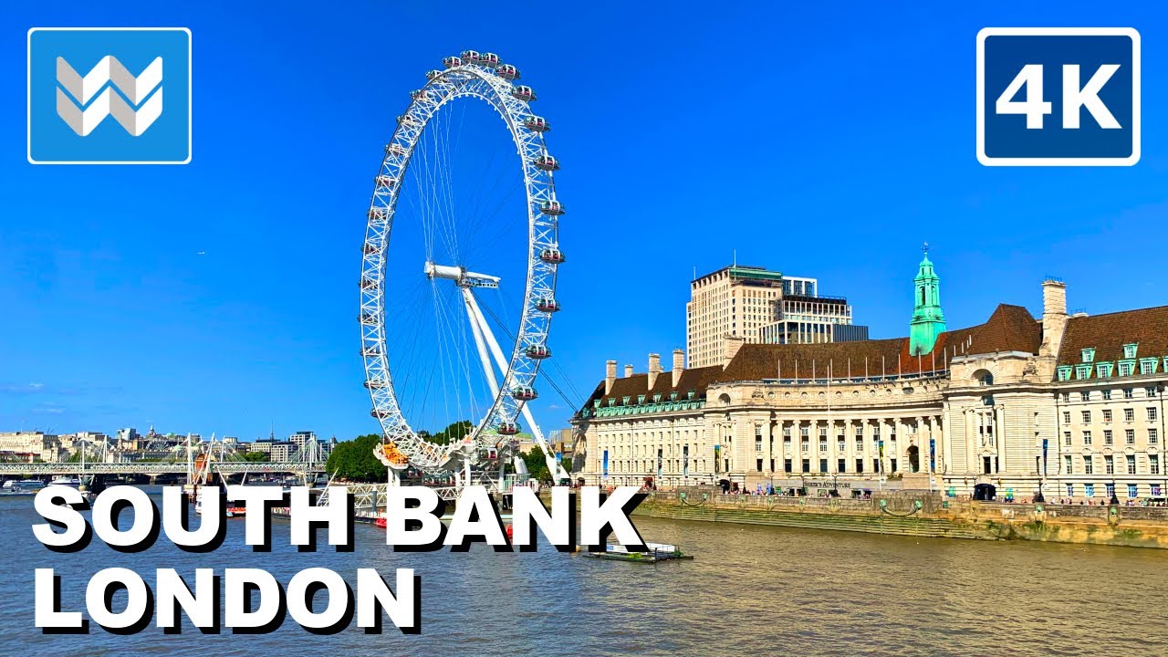 [4K] Queen's Walk in South Bank London UK 🇬🇧  River Thames Walking Tour Vlog & Vacation Travel Guide