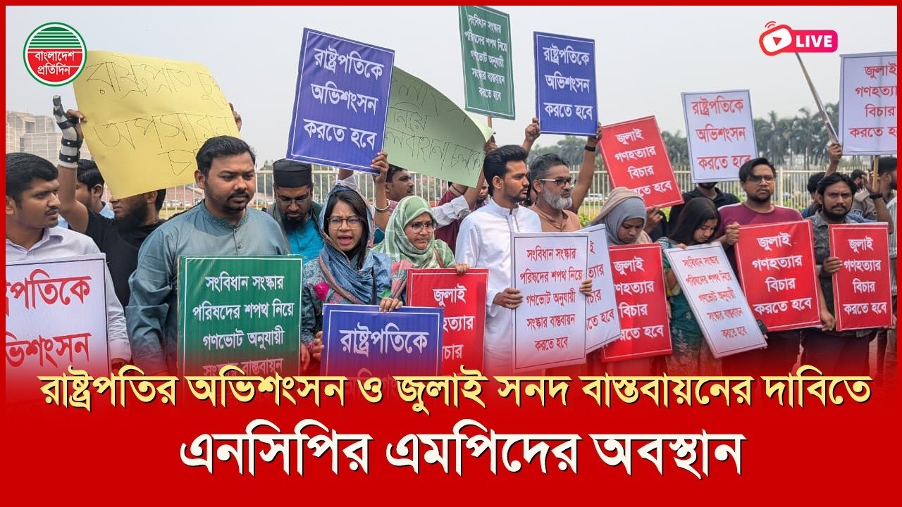 রাষ্ট্রপতির অভিশংসন ও জুলাই সনদ বাস্তবায়নের দাবিতে এনসিপির  এমপিদের অবস্থান । সরাসরি...