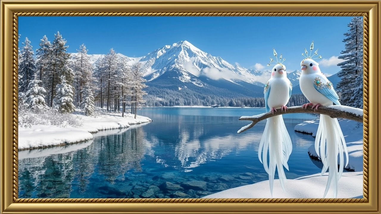 Winter Lovebirds by the Crystal Lake | Magical Snowy Mountain Scenery 4K Visual Art Frame TV