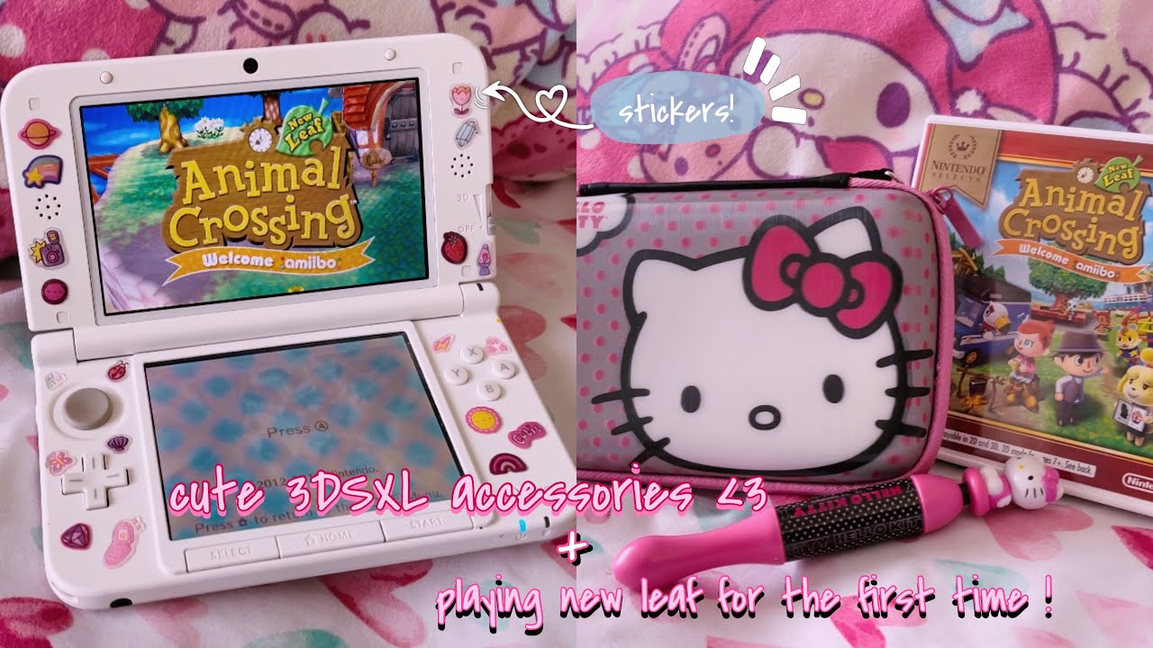 🎀 pink 3DSXL set up, unboxing hello kitty accessories ♡ & playing animal crossing new leaf 🌱