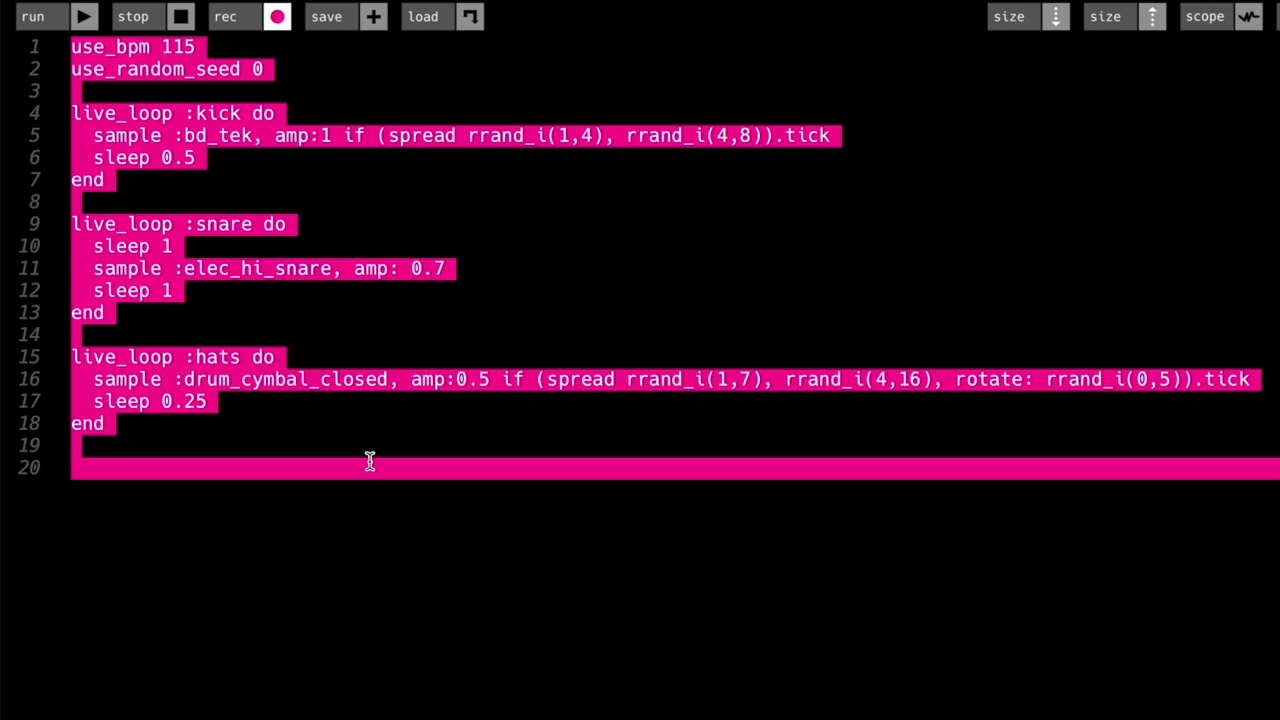 SONIC PI LIVE CODING DRUMS TUTORIAL [PART 6] -  USING SPREAD FUNCTION EUCLIDEAN RHYTHMS (2022)