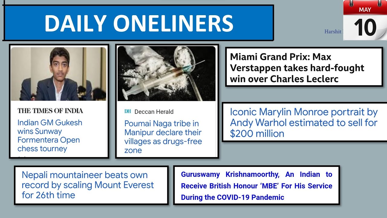 10th May 2022 - Daily One-liner Current Affairs/News for Competitive Exams