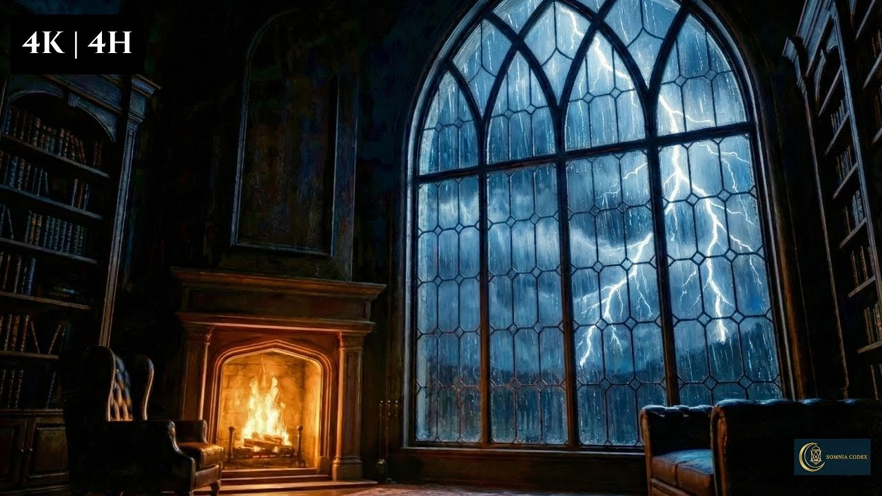 Ancient Library Rain & Thunder: The Eternal Haven ⛈️ 4 Hours Deep Focus & Sleep (Dark Academia)
