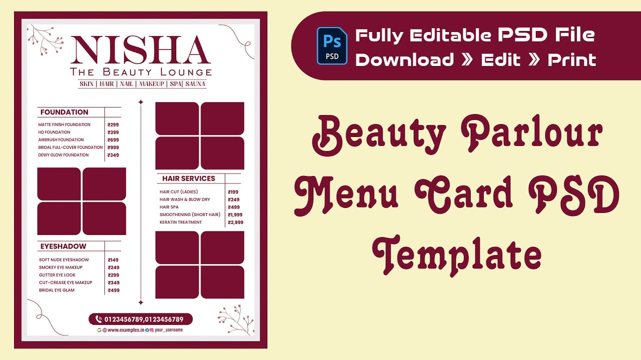 Beauty Parlour Menu Card PSD Template | Salon Price List Design | Fully Editable PSD