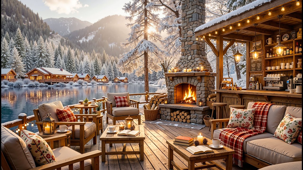 Chill Winter Morning at Lakeside Café ❄️ Warm Jazz & Fireplace Sounds for Focus
