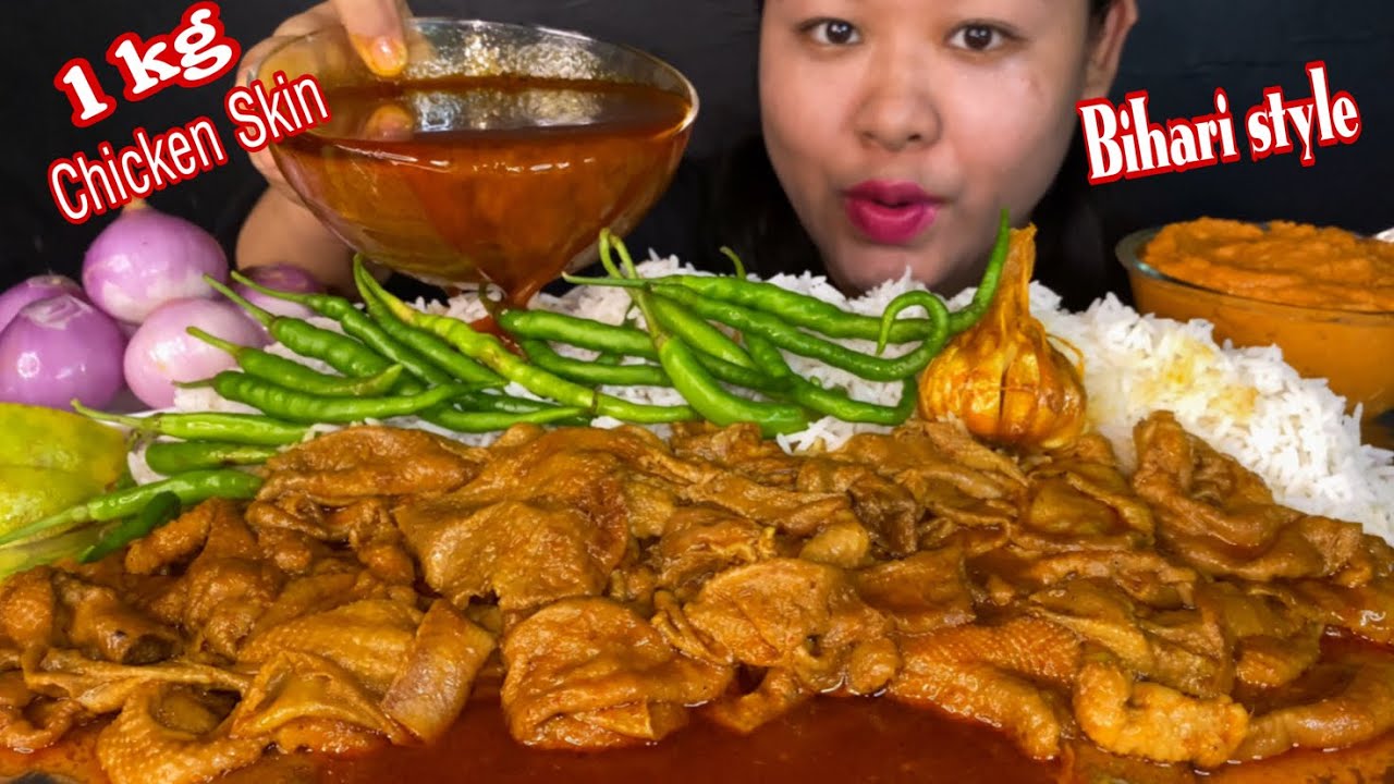1 kG OILY SPICY BIHARI STYLE CHICKEN SKIN CURRY WITH HUGE RICE, LOTS OF CHILLIES MUKBANG | BIG BITES