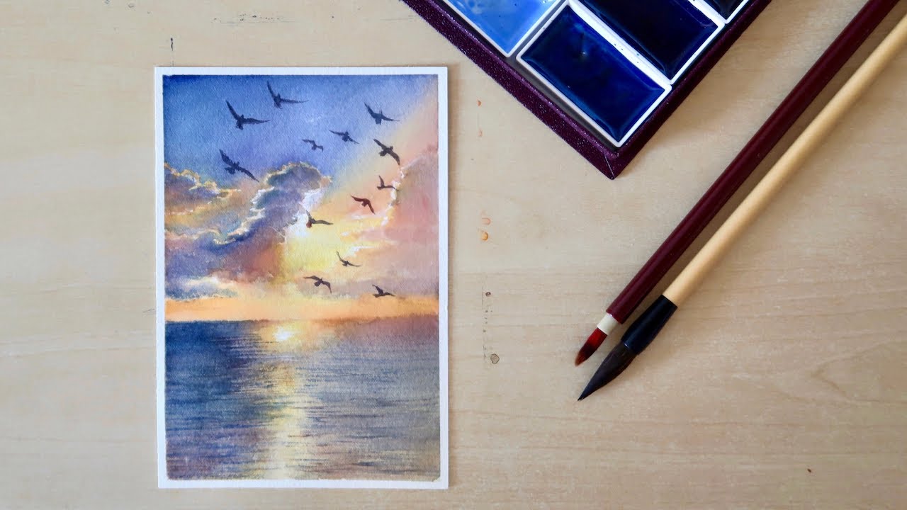 WATERCOLOR PAINTING 水彩 | 适合初学者的海上日出 | 10倍速 | 吉祥颜彩