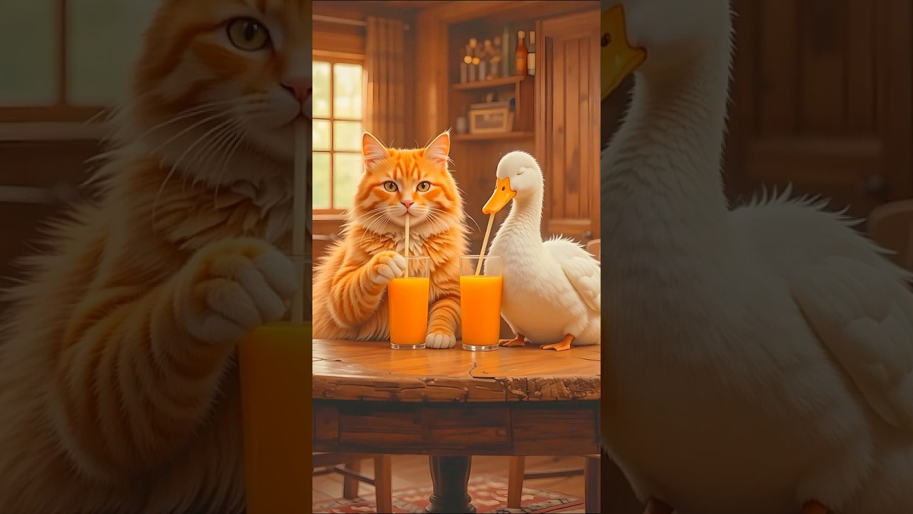 The orange cat is cooking duck meat in his cozy cottage! #ai #cookingcat #cat #قطط #funnycats #tom