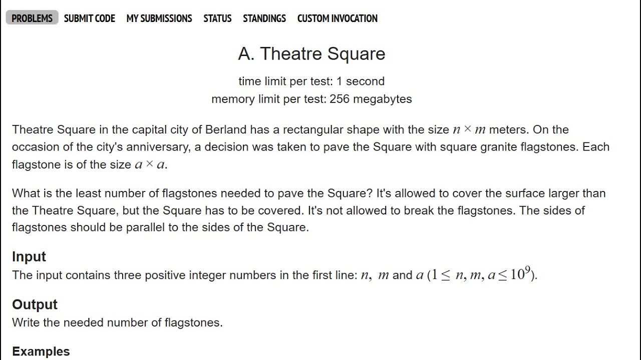 A. Theatre Square || Codeforces || ProblemSolving || C++