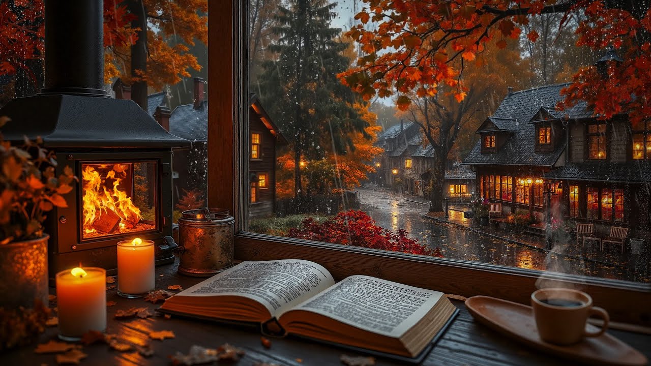 Warm Autumn Coffee Shop in Rain 🍂 Crackling Fireplace & Rain Sounds with Jazz Piano for Relax