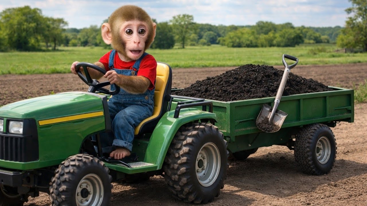 Monkey Pulls A Cart Loaded With Topsoil To Fertilize The Vegetable Beds