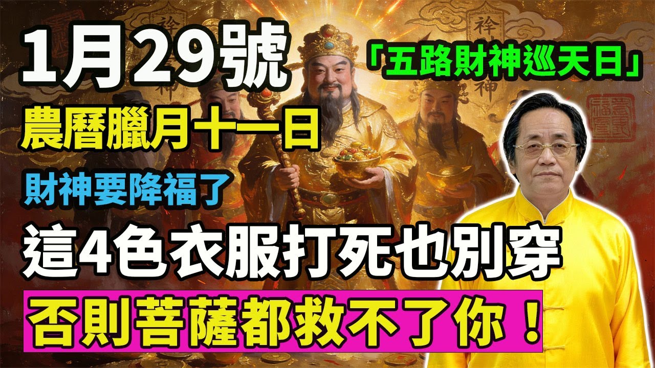 就在剛剛，財神顯靈了！1月29號，農曆臘月十一日，「五路財神巡天日」，財神要降福了，這4色衣服打死也別穿，否則菩薩都救不了你！#佛學 #佛淨 #佛陀 #佛法 #佛教 #修行