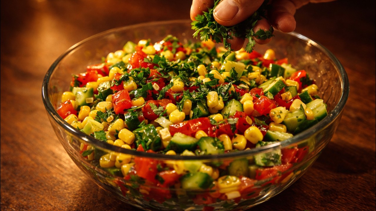 Summer Salad with Cucumbers, Tomatoes, Onions, and Corn in 5 Minutes!  Besten Rezepte Essen