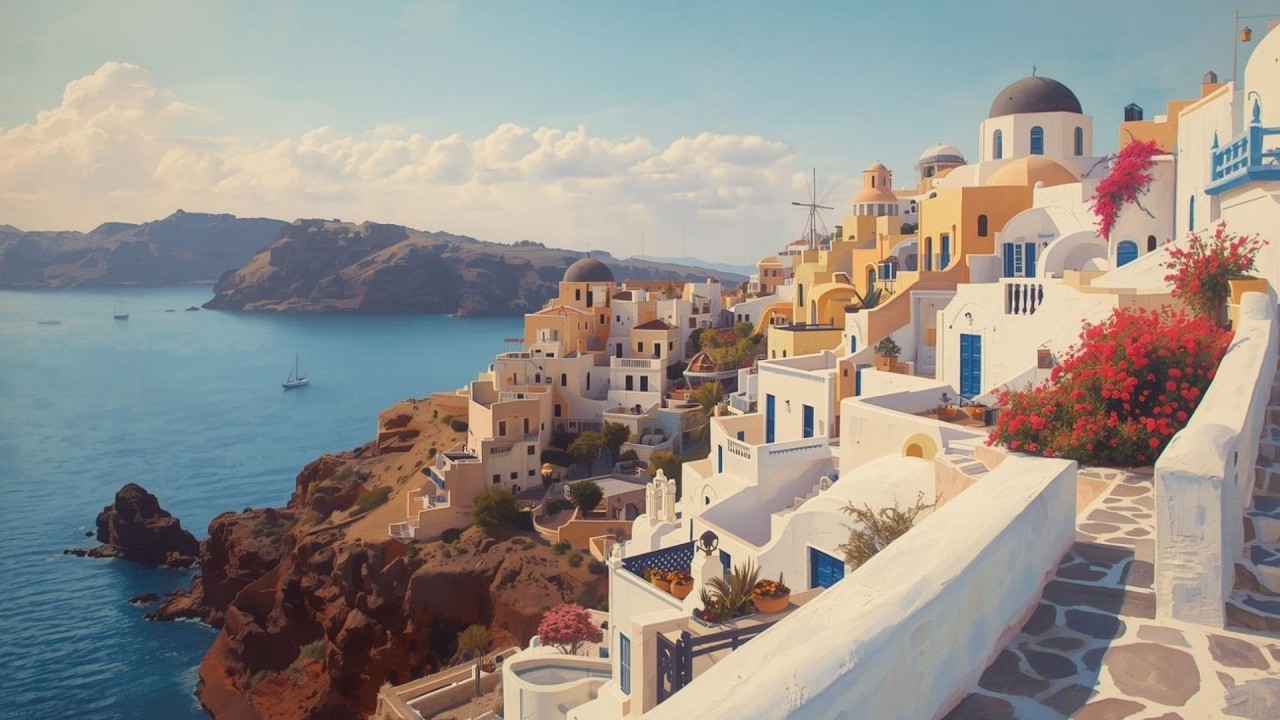Santorini Greece Cliffside Village Vintage Painting  | Frame TV Art Display | 2-Hour Screensaver