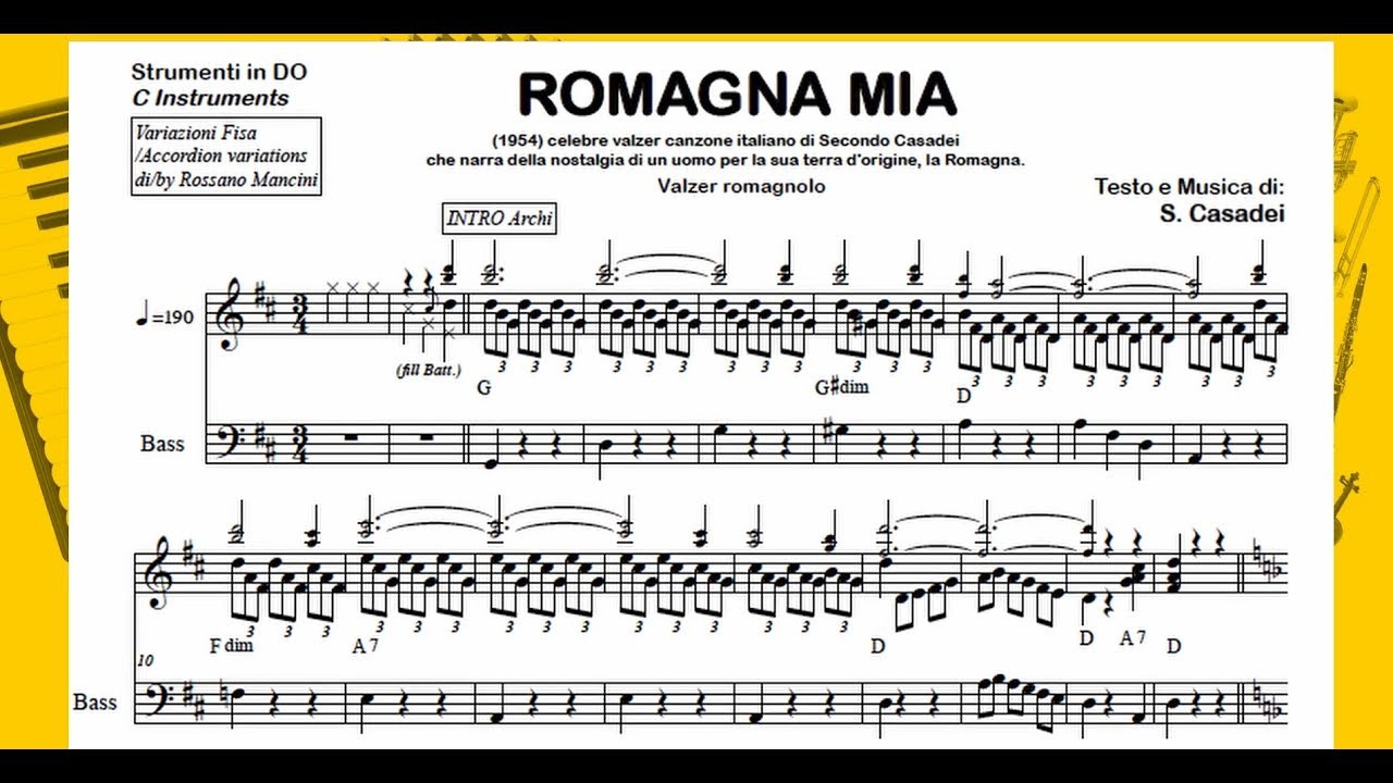 ROMAGNA MIA (S.Casadei) waltz: Playalong Backing Track Sheet Music C B♭ E♭ variations for Accordion