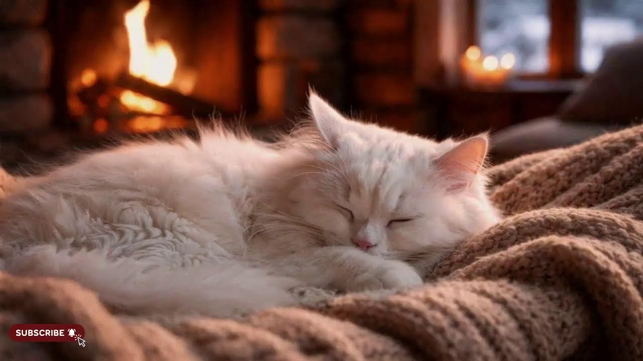 Soft Fireplace Glow & Sleeping White Cat 💤 Cozy Purring Ambience for Deep Relaxation