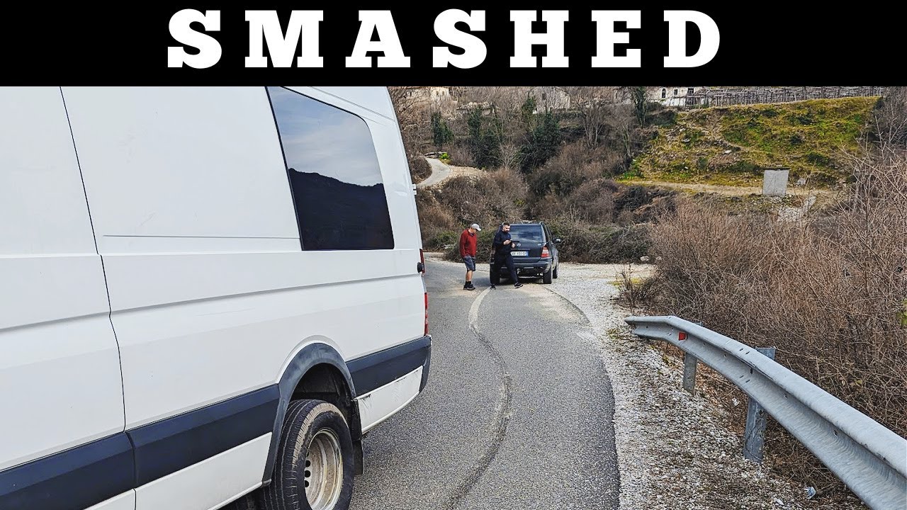 NEAR HEAD ON COLLISION IN ALBANIA - OUR VAN WAS STRUCK